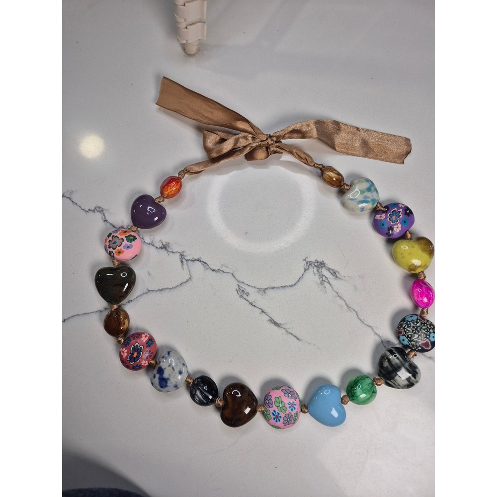 Multicolor Heart Bead Statement Necklace Ribbon Tie Adjustable Artisan Boho